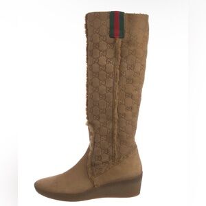 Gucci Tan Over the Knee Boots with Logo Pattern
